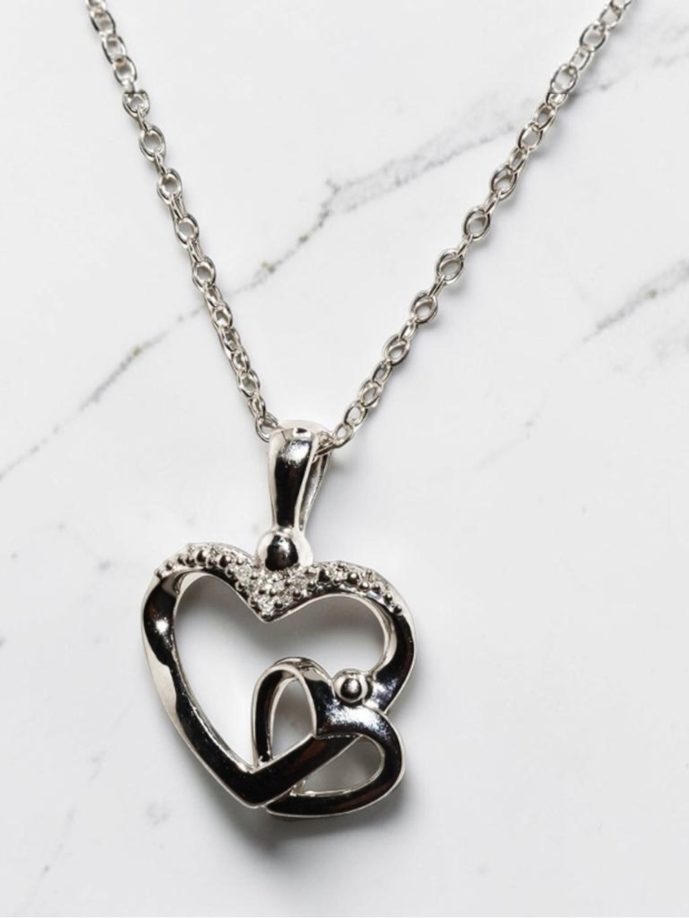 Solid 925 Sterling Silver Natural Diamond Interlocking Heart Necklace 18in NWT - Picture 3 of 8